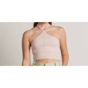 Tobi Blush Pink Ribbed Stretch Crop Top with Spaghetti Straps Minimalist Top